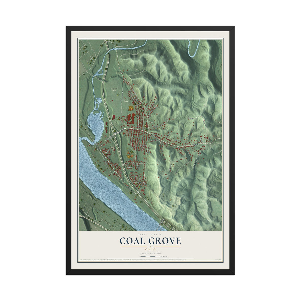 Map of Coal Grove, Ohio, 12 x 18 inch print in a black wood frame