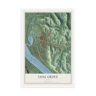 Map of Coal Grove, Ohio, 12 x 18 inch print in a white wood frame