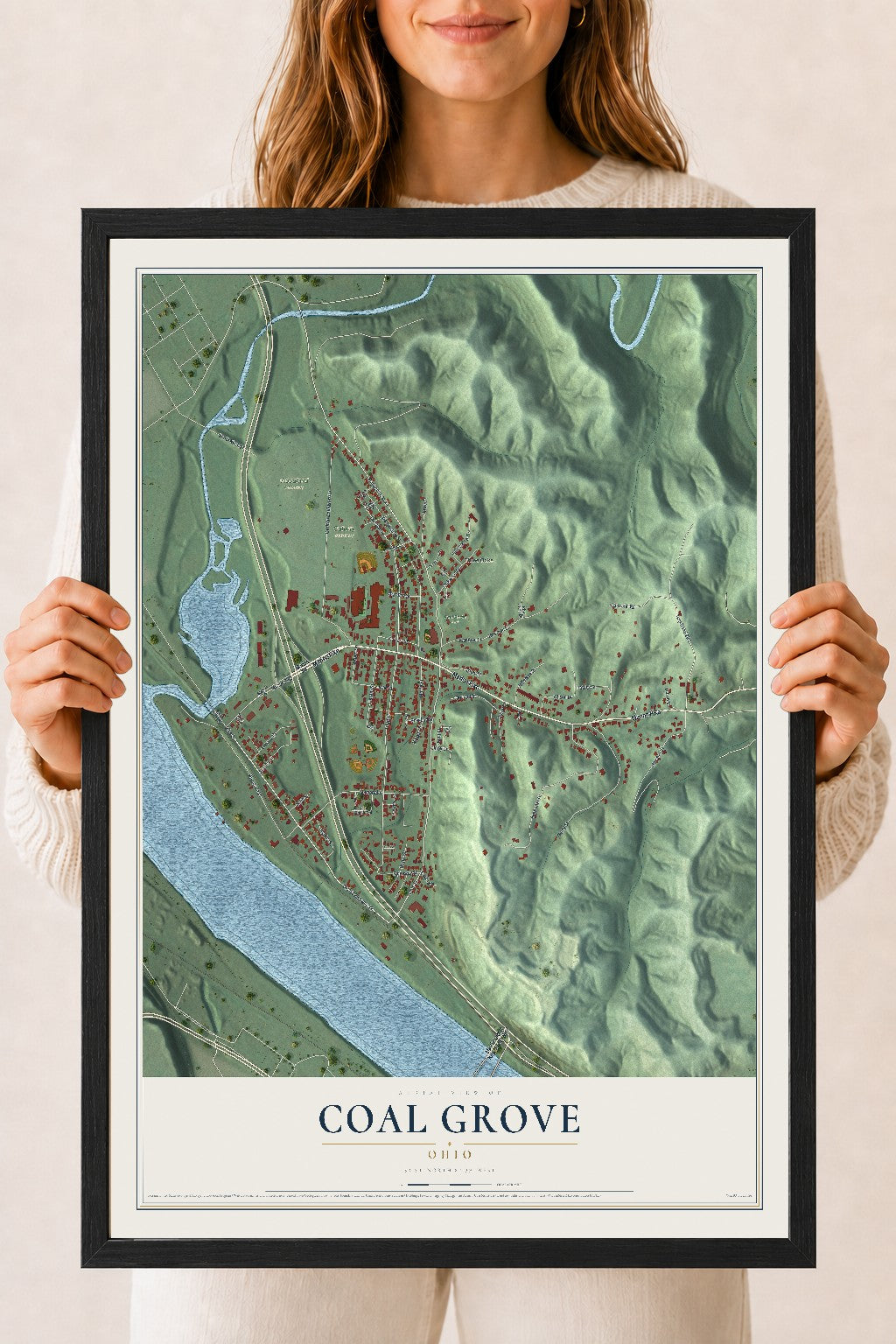 Map of Coal Grove, Ohio, 18 x 24 inch print in a black wood frame
