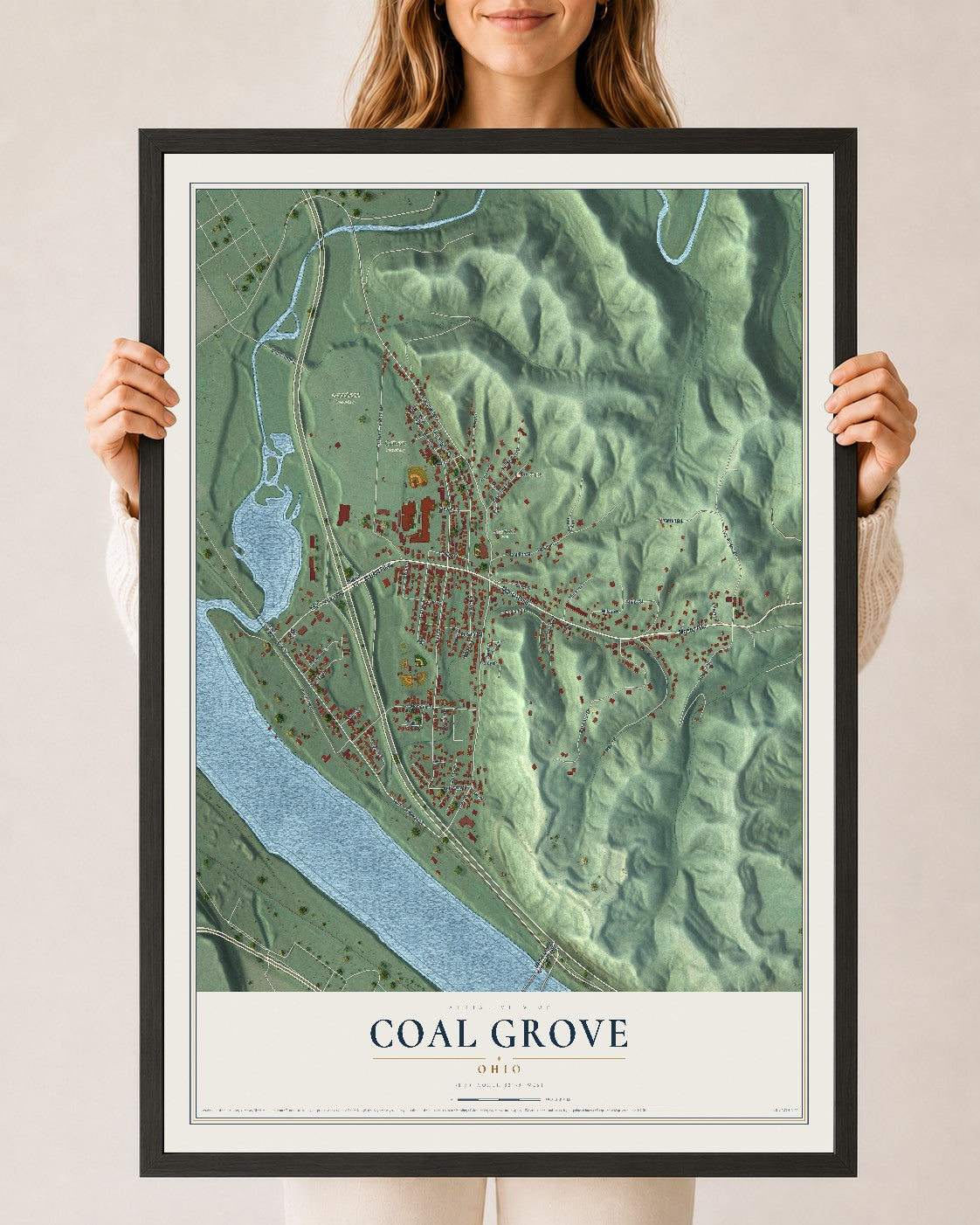 Map of Coal Grove, Ohio, 24 x 36 inch print in a black wood frame