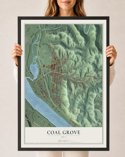 Map of Coal Grove, Ohio, 24 x 36 inch print in a black wood frame