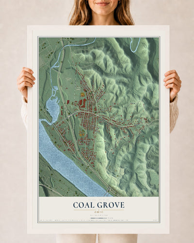 Map of Coal Grove, Ohio, 24 x 36 inch print in a white wood frame
