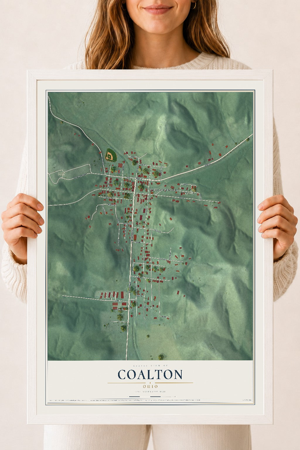 Map of Coalton, Ohio, 18 x 24 inch print in a white wood frame