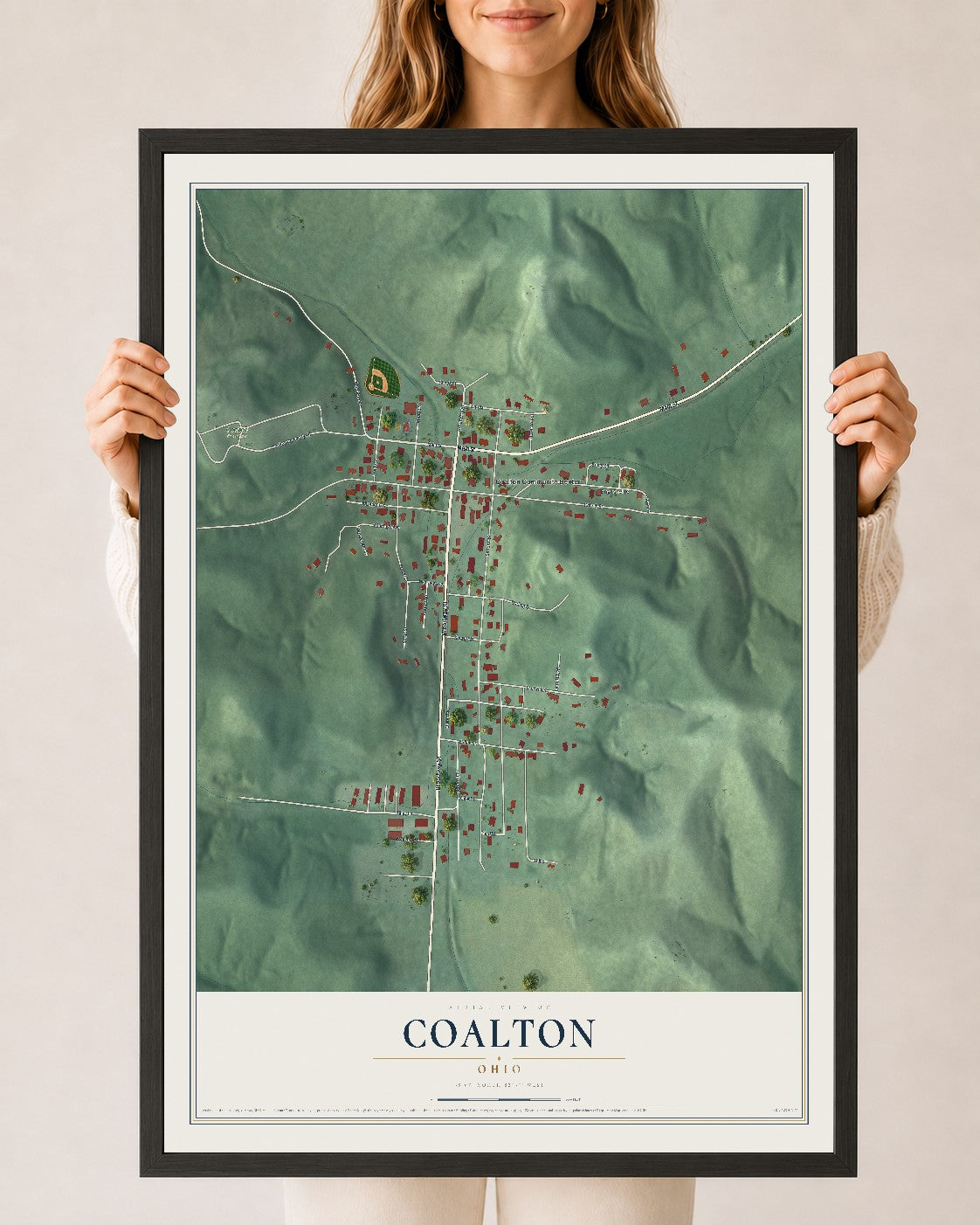 Map of Coalton, Ohio, 24 x 36 inch print in a black wood frame