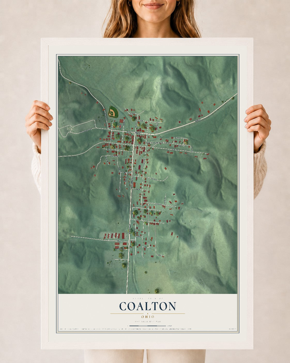 Map of Coalton, Ohio, 24 x 36 inch print in a white wood frame