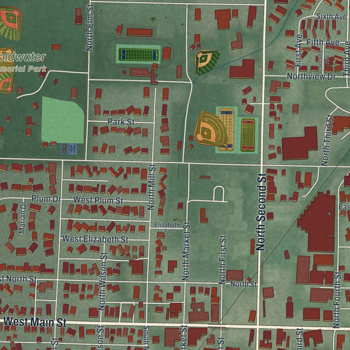 Close-up of the map of Coldwater, Ohio print showing street and building detail