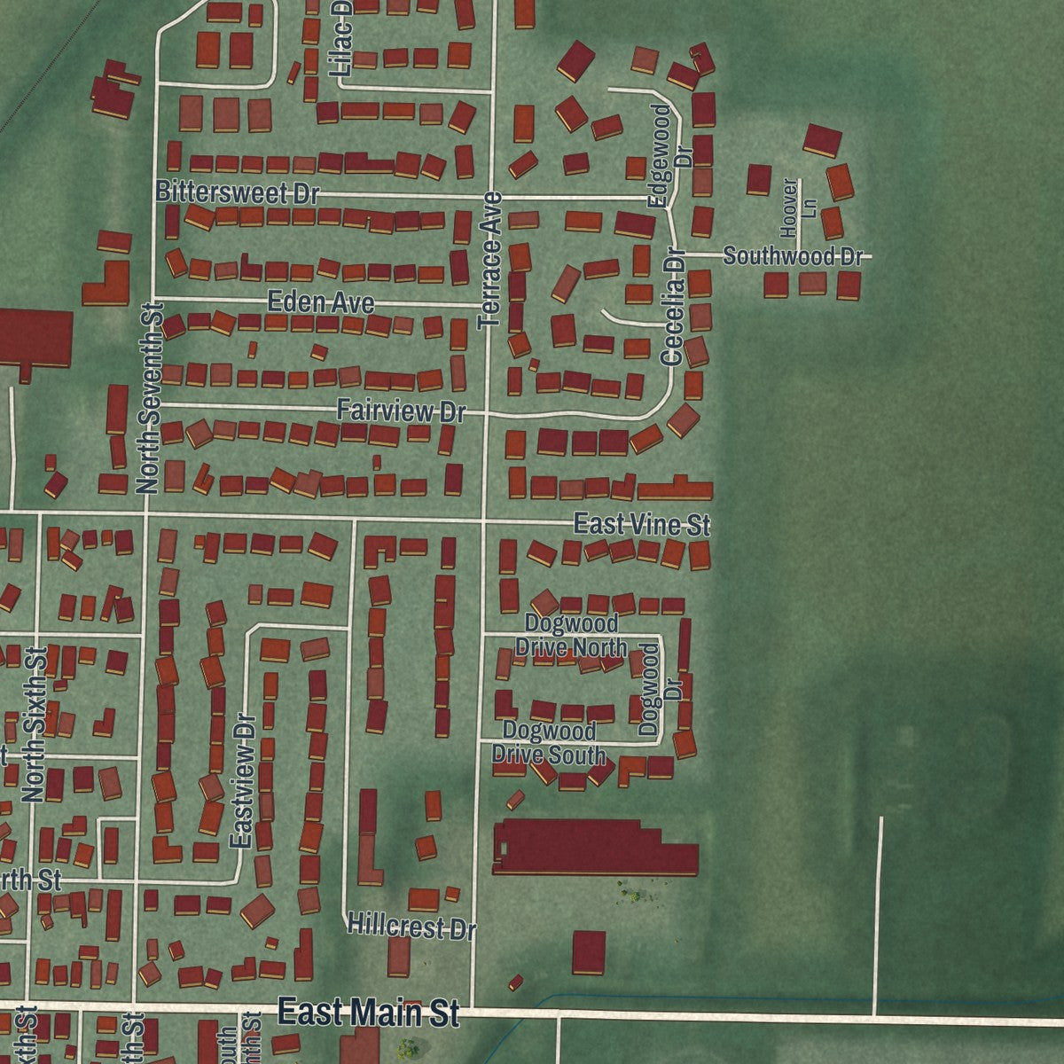 Second close-up of the map of Coldwater, Ohio print showing more streets and buildings