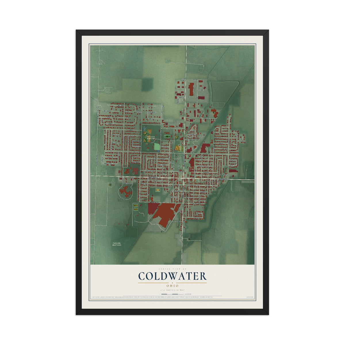Map of Coldwater, Ohio, 12 x 18 inch print in a black wood frame