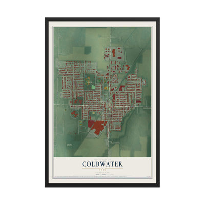 Map of Coldwater, Ohio, 12 x 18 inch print in a black wood frame