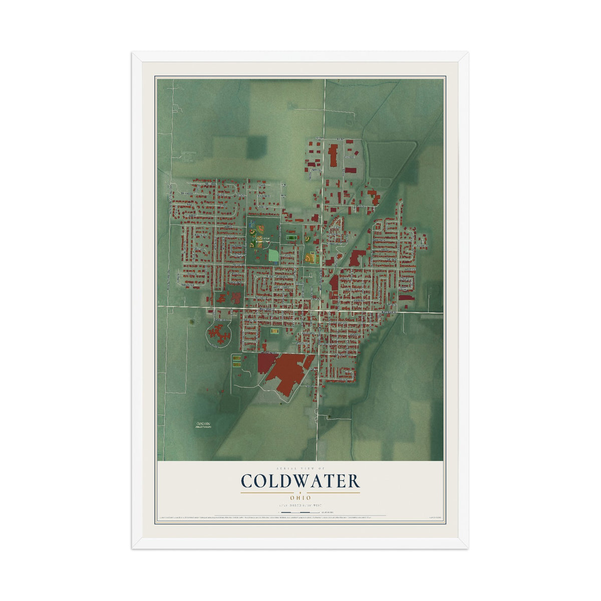 Map of Coldwater, Ohio, 12 x 18 inch print in a white wood frame