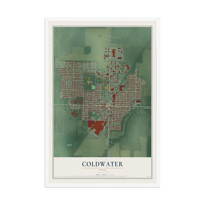 Map of Coldwater, Ohio, 12 x 18 inch print in a white wood frame