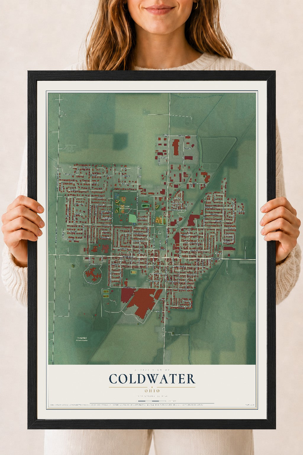 Map of Coldwater, Ohio, 18 x 24 inch print in a black wood frame