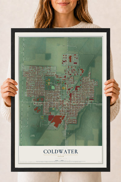 Map of Coldwater, Ohio, 18 x 24 inch print in a black wood frame