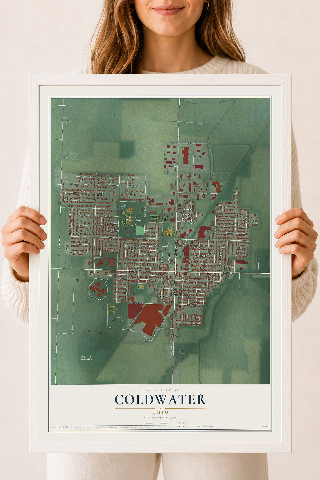 Map of Coldwater, Ohio, 18 x 24 inch print in a white wood frame