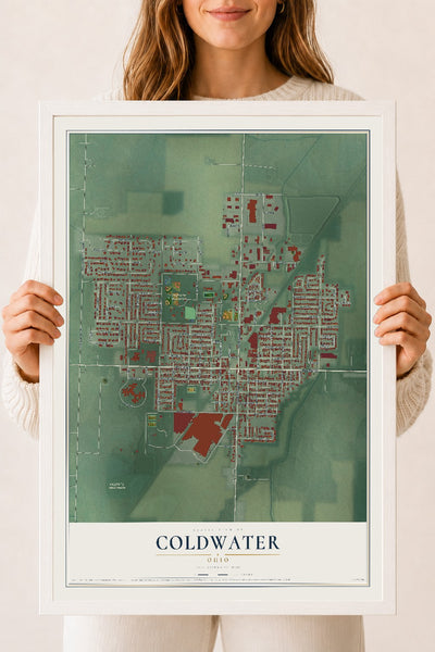 Map of Coldwater, Ohio, 18 x 24 inch print in a white wood frame