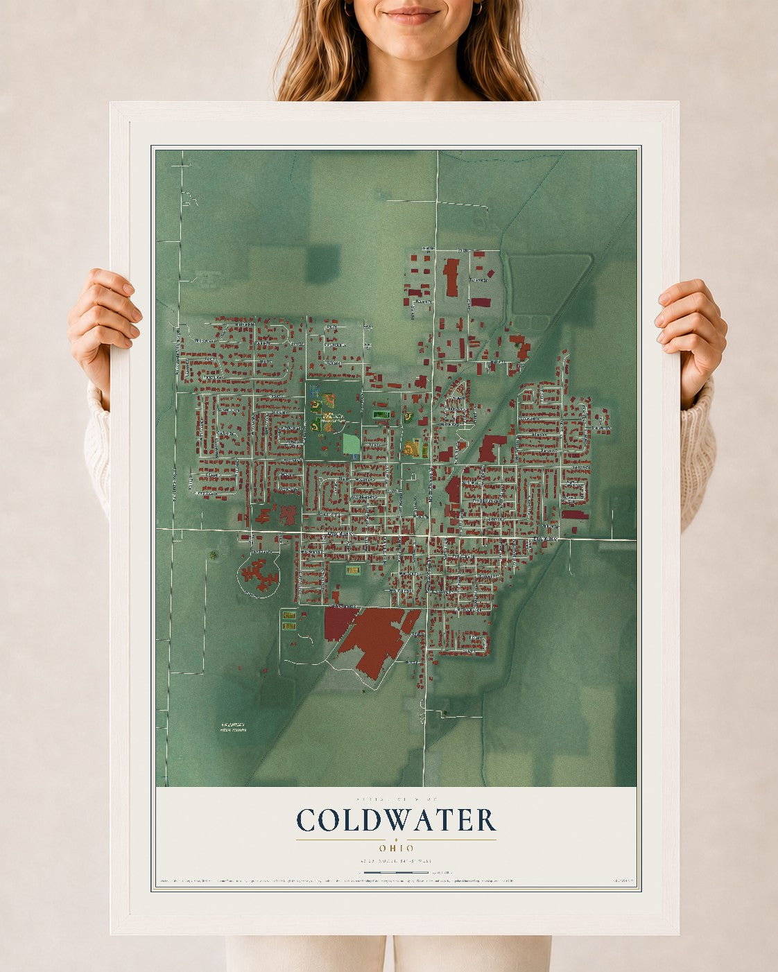 Map of Coldwater, Ohio, 24 x 36 inch print in a white wood frame