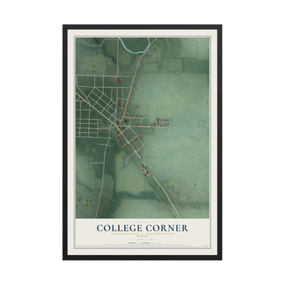 Map of College Corner, Ohio, 12 x 18 inch print in a black wood frame
