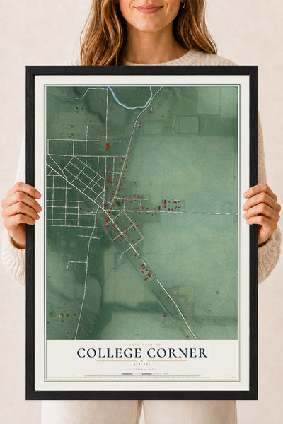 Map of College Corner, Ohio, 18 x 24 inch print in a black wood frame
