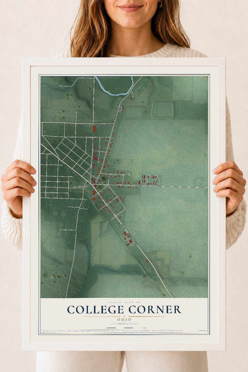 Map of College Corner, Ohio, 18 x 24 inch print in a white wood frame