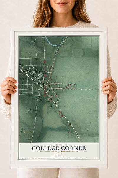 Map of College Corner, Ohio, 18 x 24 inch print in a white wood frame