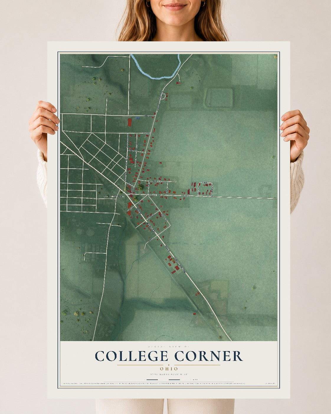 Map of College Corner, Ohio, 24 x 36 inch unframed archival matte print