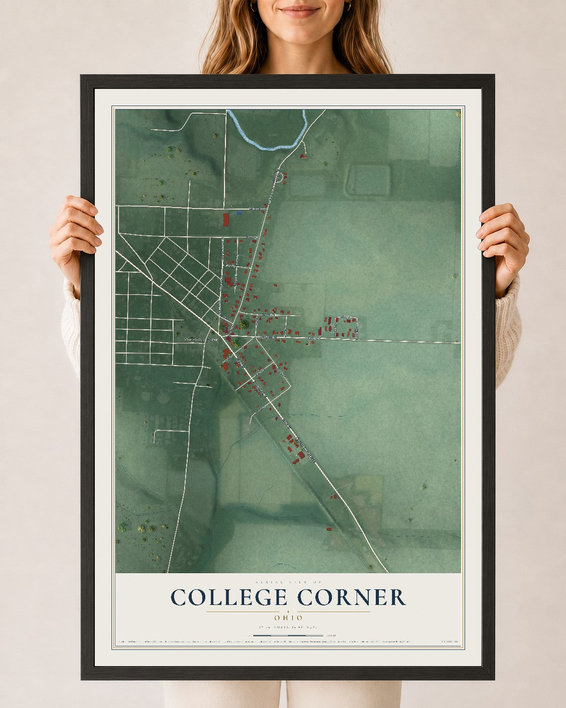 Map of College Corner, Ohio, 24 x 36 inch print in a black wood frame