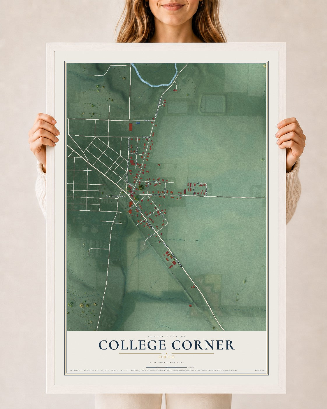 Map of College Corner, Ohio, 24 x 36 inch print in a white wood frame