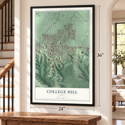 College Hill, Ohio map, 24 x 36 inch print in a black frame by a staircase