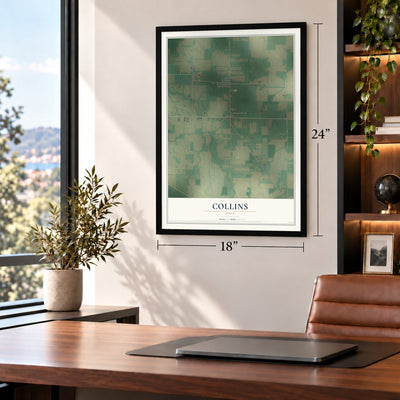 Collins, Ohio map, 18 x 24 inch print in a black frame in a home office