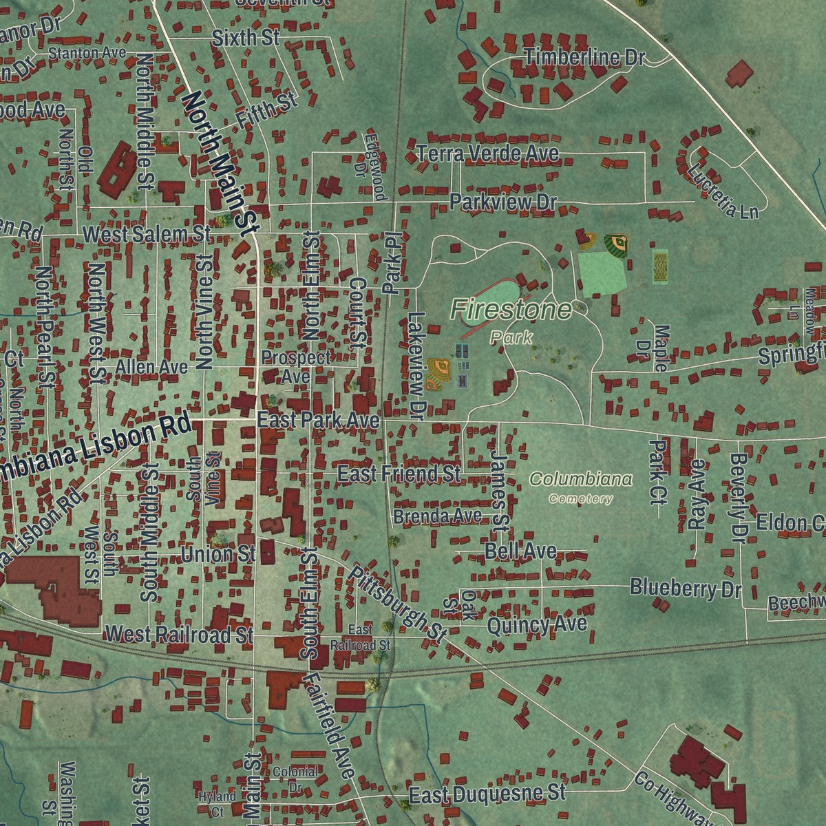 Close-up of the map of Columbiana, Ohio print showing street and building detail