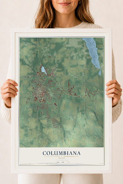 Map of Columbiana, Ohio, 18 x 24 inch print in a white wood frame