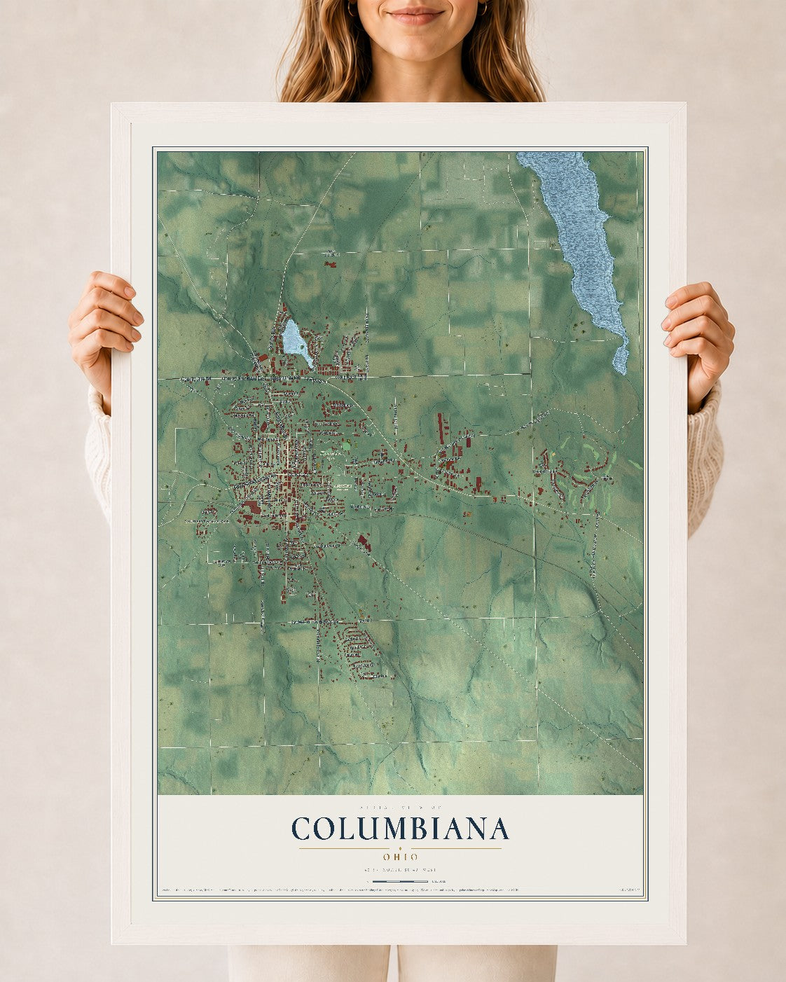 Map of Columbiana, Ohio, 24 x 36 inch print in a white wood frame
