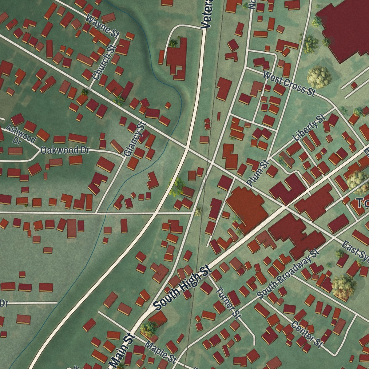 Close-up of the map of Columbus Grove, Ohio print showing street and building detail