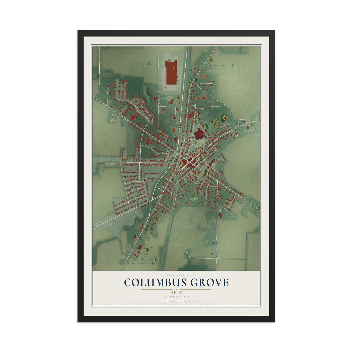 Map of Columbus Grove, Ohio, 12 x 18 inch print in a black wood frame