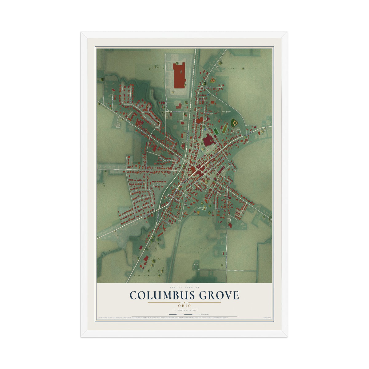 Map of Columbus Grove, Ohio, 12 x 18 inch print in a white wood frame