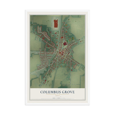 Map of Columbus Grove, Ohio, 12 x 18 inch print in a white wood frame