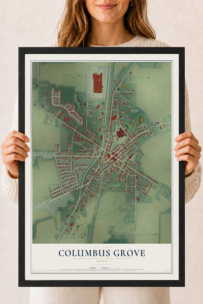 Map of Columbus Grove, Ohio, 18 x 24 inch print in a black wood frame