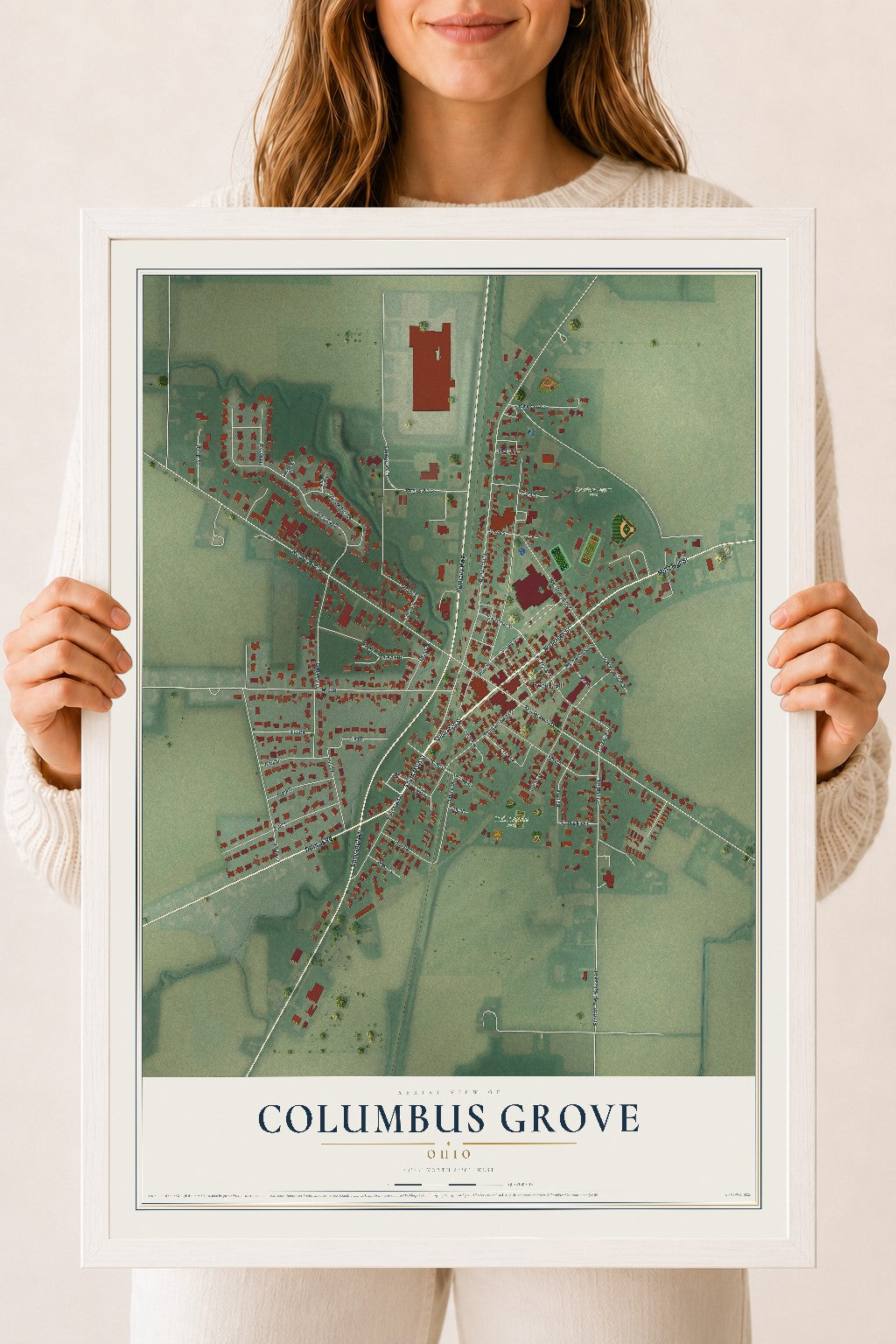 Map of Columbus Grove, Ohio, 18 x 24 inch print in a white wood frame