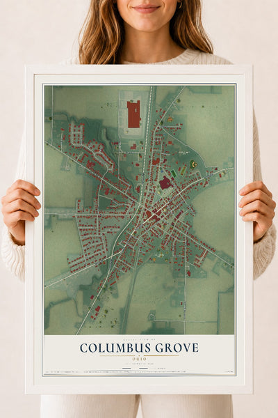Map of Columbus Grove, Ohio, 18 x 24 inch print in a white wood frame