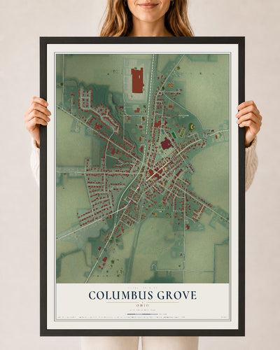 Map of Columbus Grove, Ohio, 24 x 36 inch print in a black wood frame