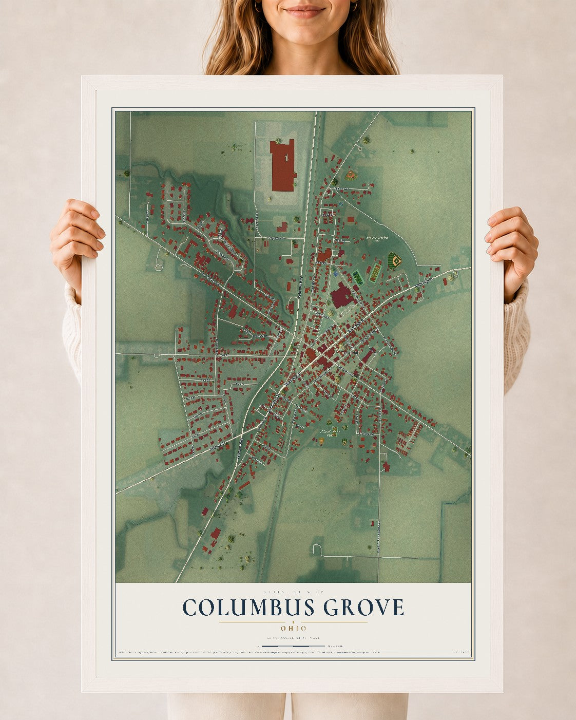 Map of Columbus Grove, Ohio, 24 x 36 inch print in a white wood frame