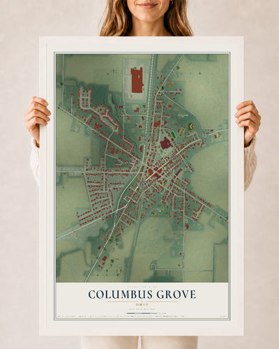 Map of Columbus Grove, Ohio, 24 x 36 inch print in a white wood frame