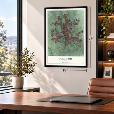 Columbus, Ohio Print map, 18 x 24 inch print in a black frame in a home office