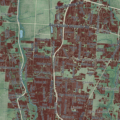 Close-up of the map of Columbus, Ohio print showing street and building detail