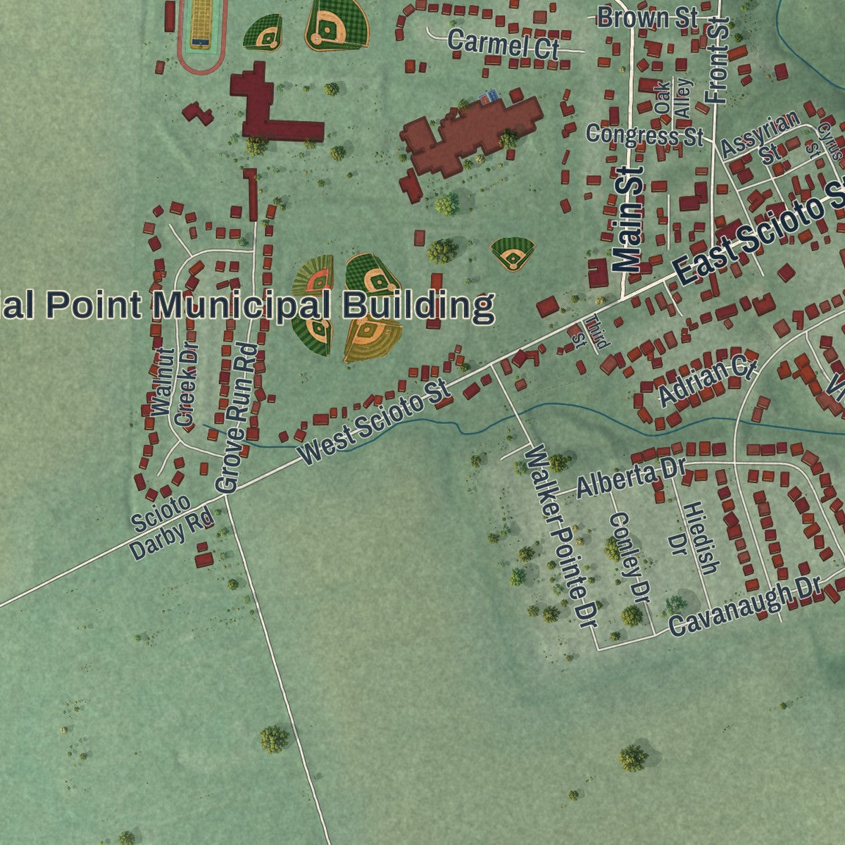 Close-up of the map of Commercial Point, Ohio print showing street and building detail