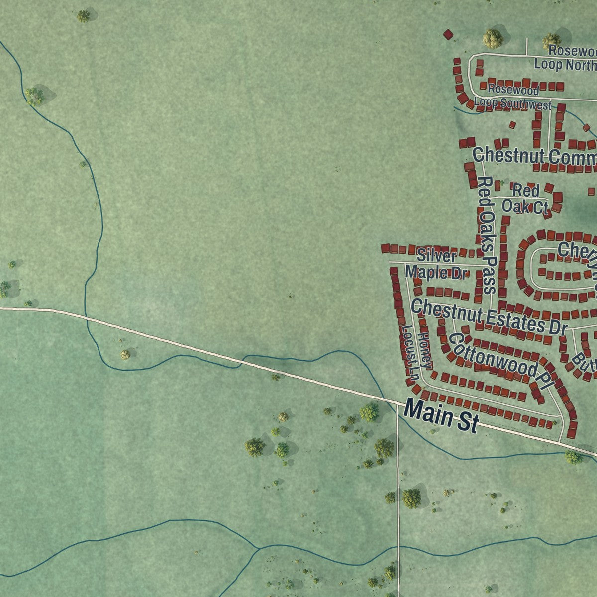 Second close-up of the map of Commercial Point, Ohio print showing more streets and buildings