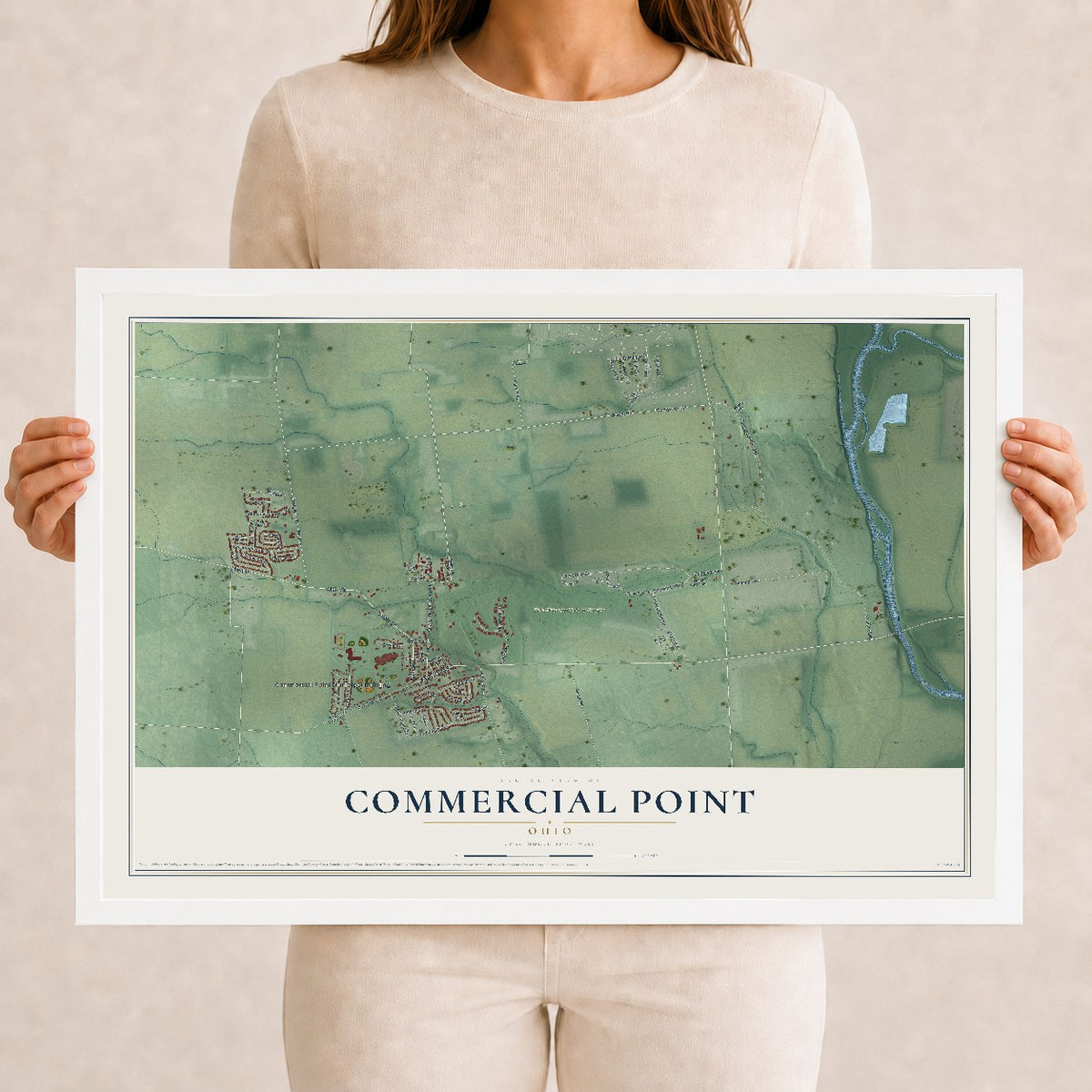 Map of Commercial Point, Ohio, 12 x 18 inch print in a white wood frame