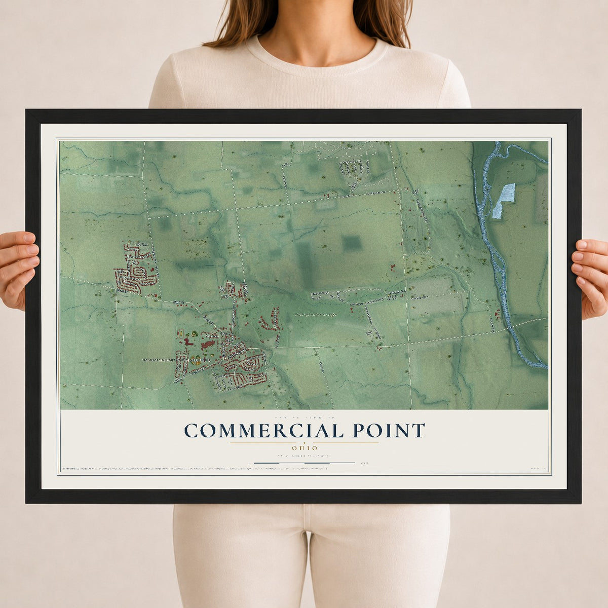 Map of Commercial Point, Ohio, 18 x 24 inch print in a black wood frame