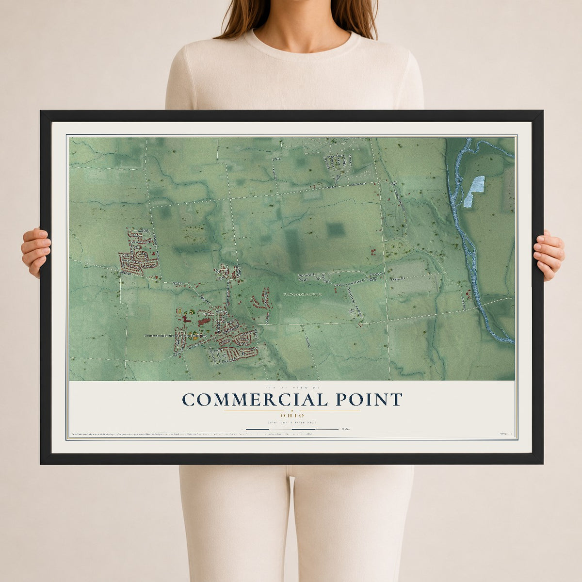 Map of Commercial Point, Ohio, 24 x 36 inch print in a black wood frame