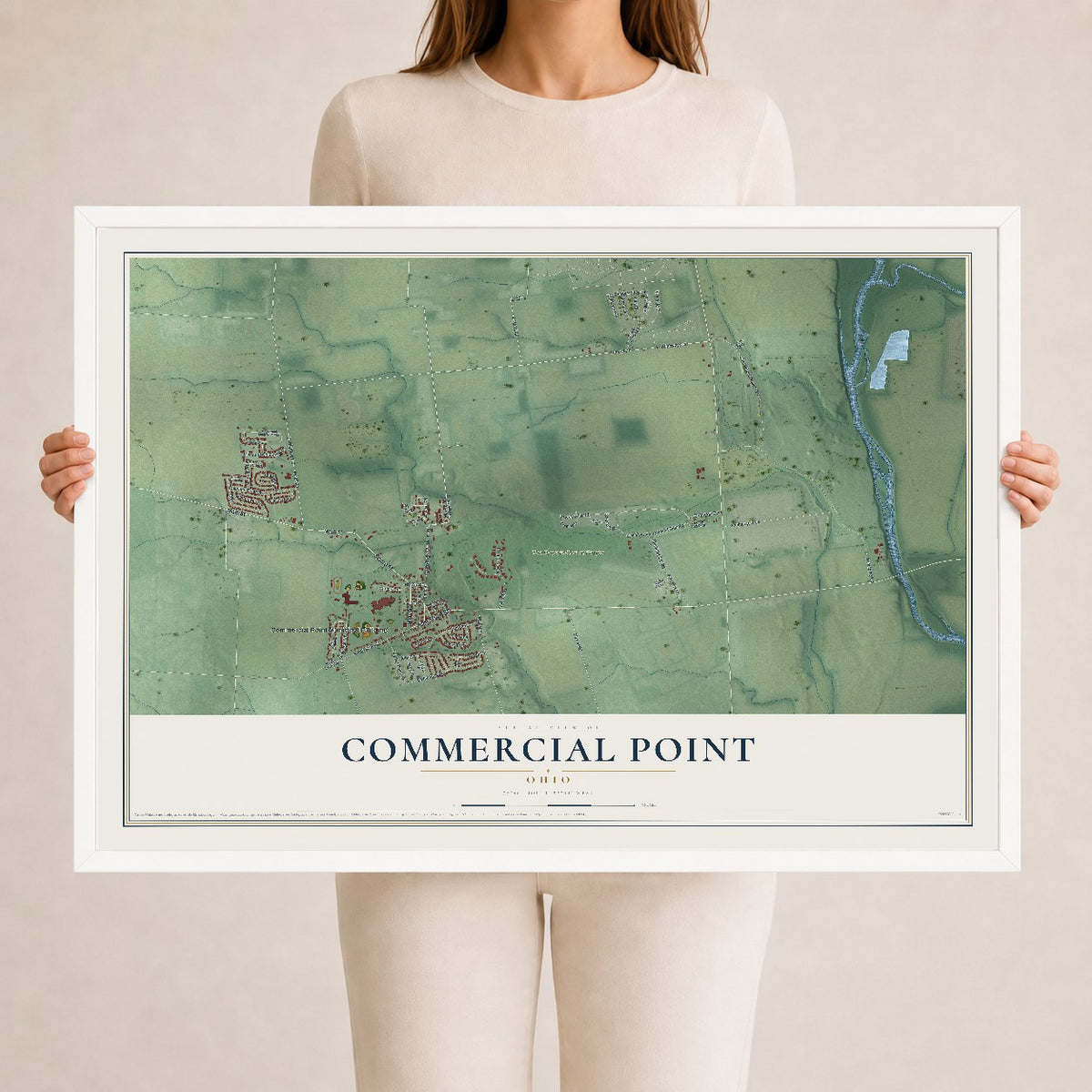 Map of Commercial Point, Ohio, 24 x 36 inch print in a white wood frame